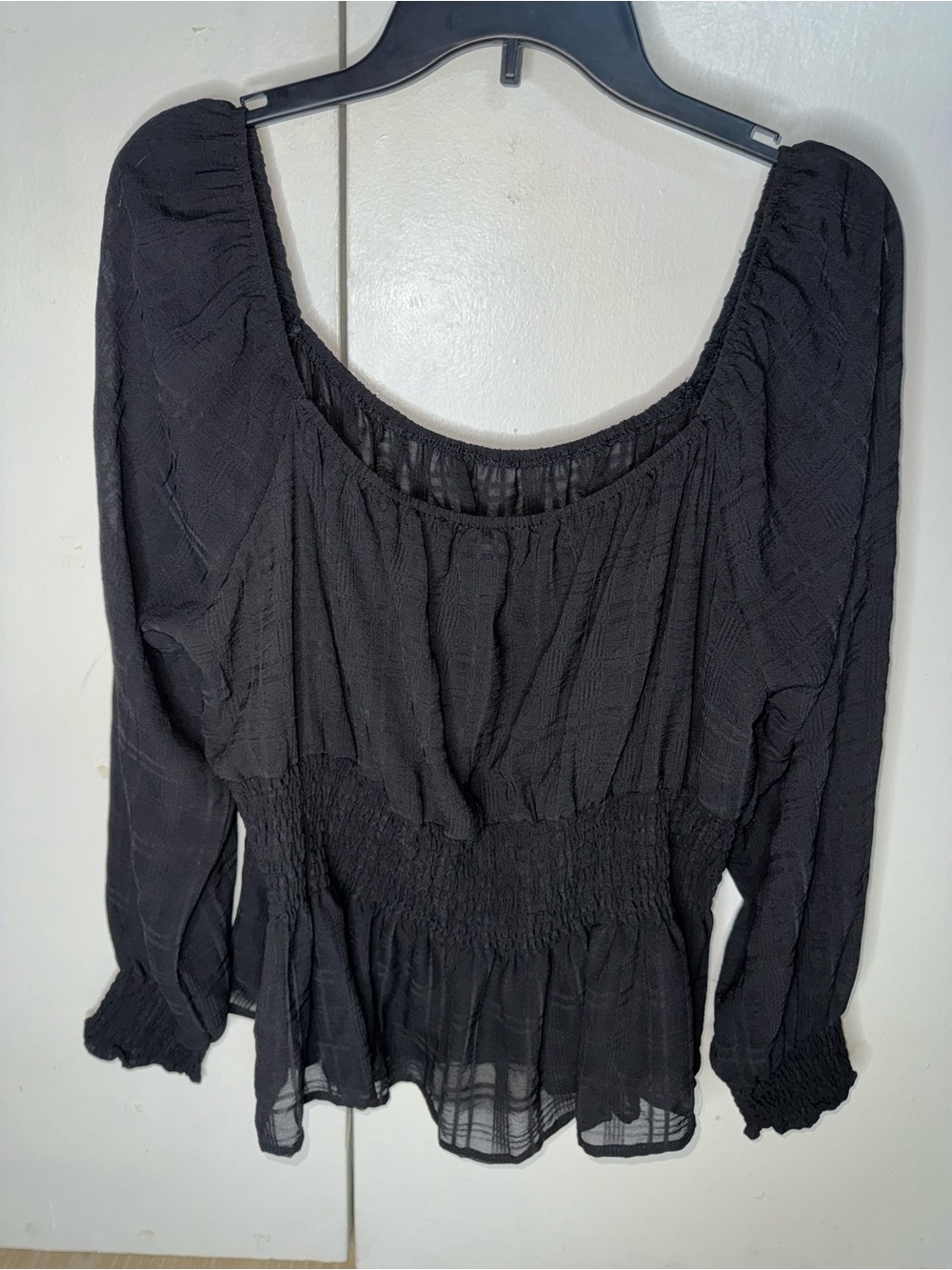 Black Smocked Waist Peasant Top - Women
